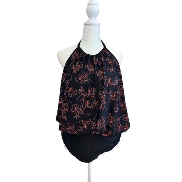 CALVIN KLEIN Women's Blouson Halter One Pc Swimsuit BLACK RED SIZE 14 NWT 50 SP - Picture 2 of 8